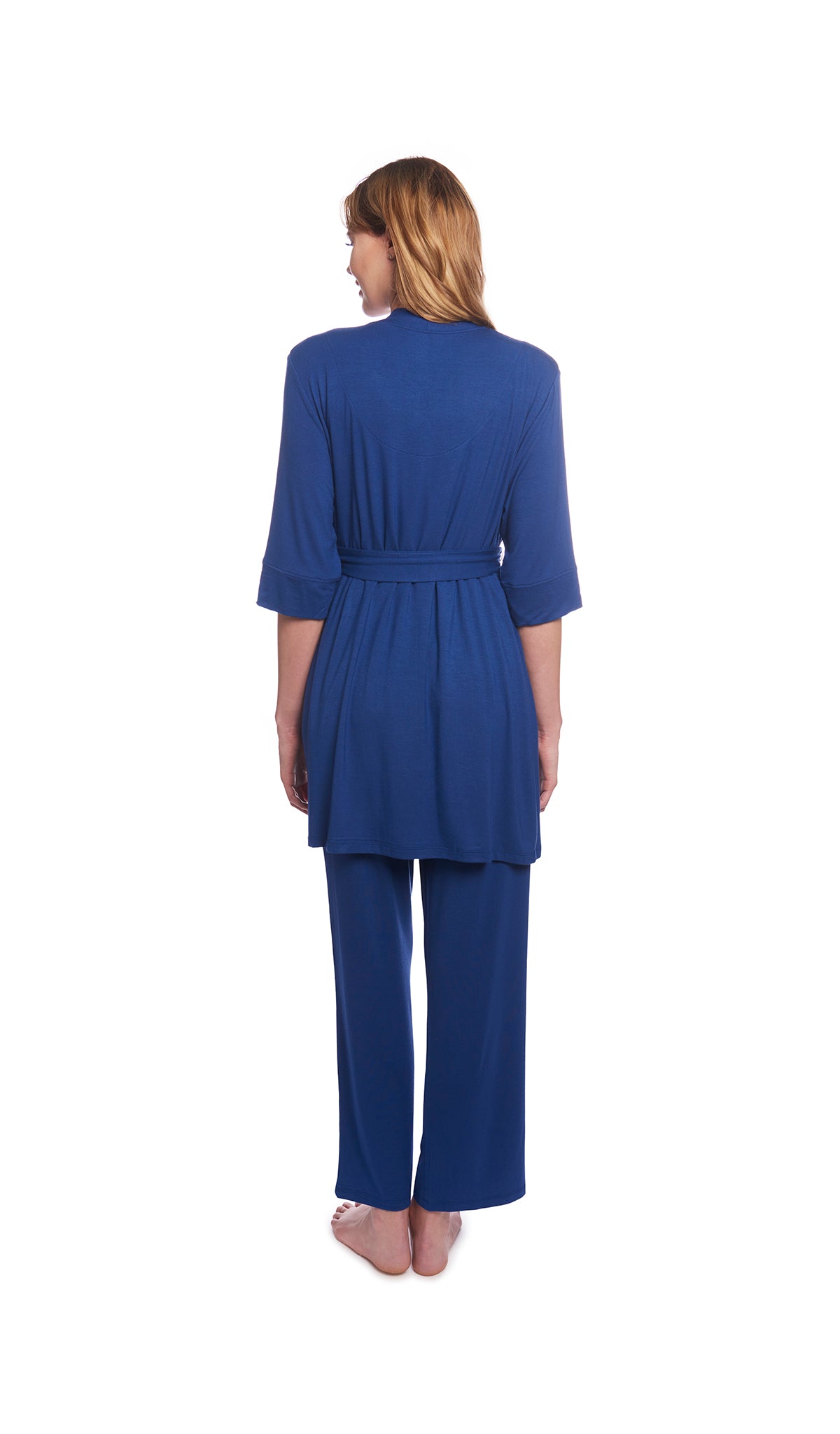 Denim Blue Analise 3-Piece Set, back shot of woman wearing robe and pant.
