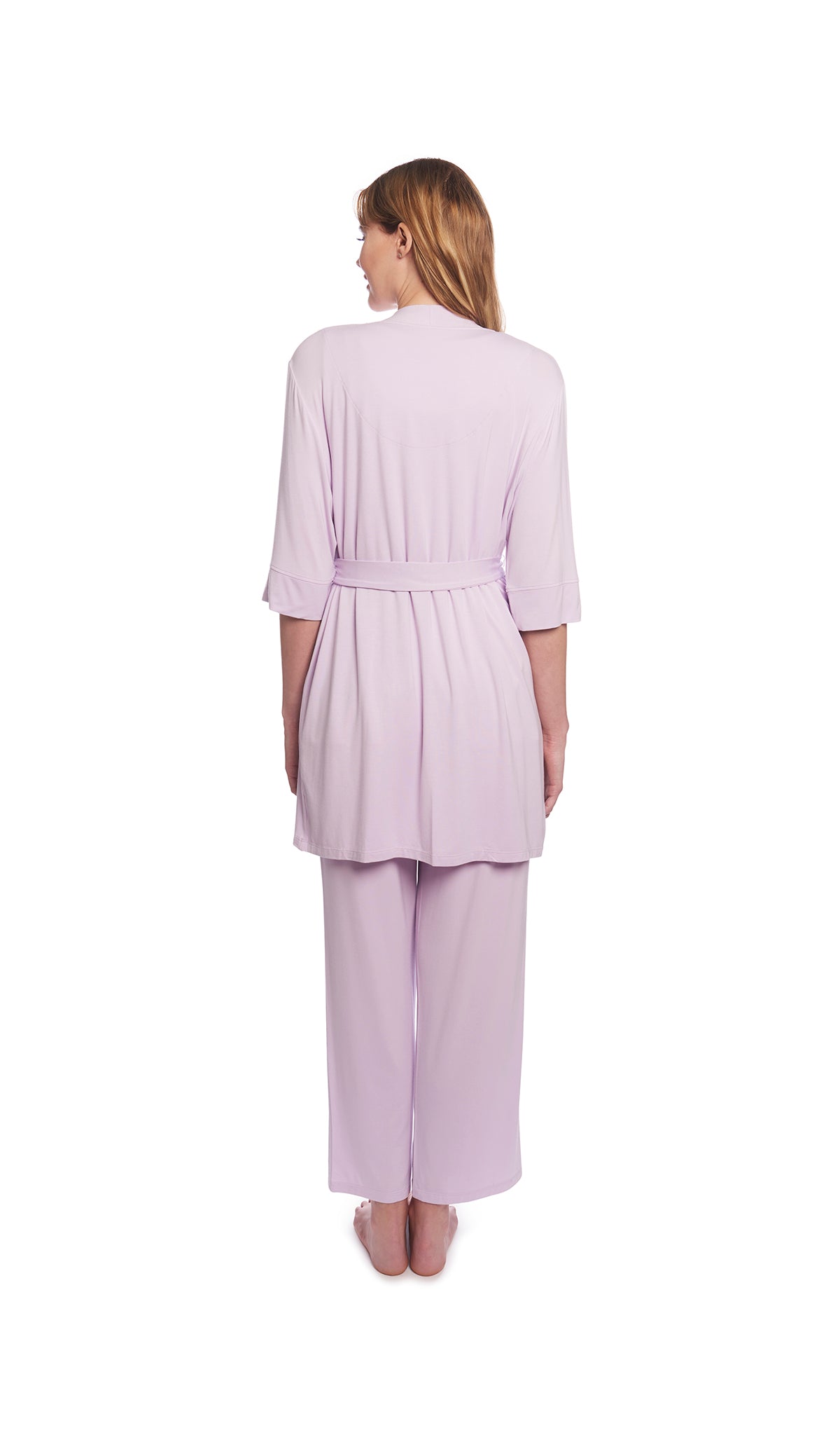 Lavender Analise 3-Piece Set, back shot of woman wearing robe and pant.
