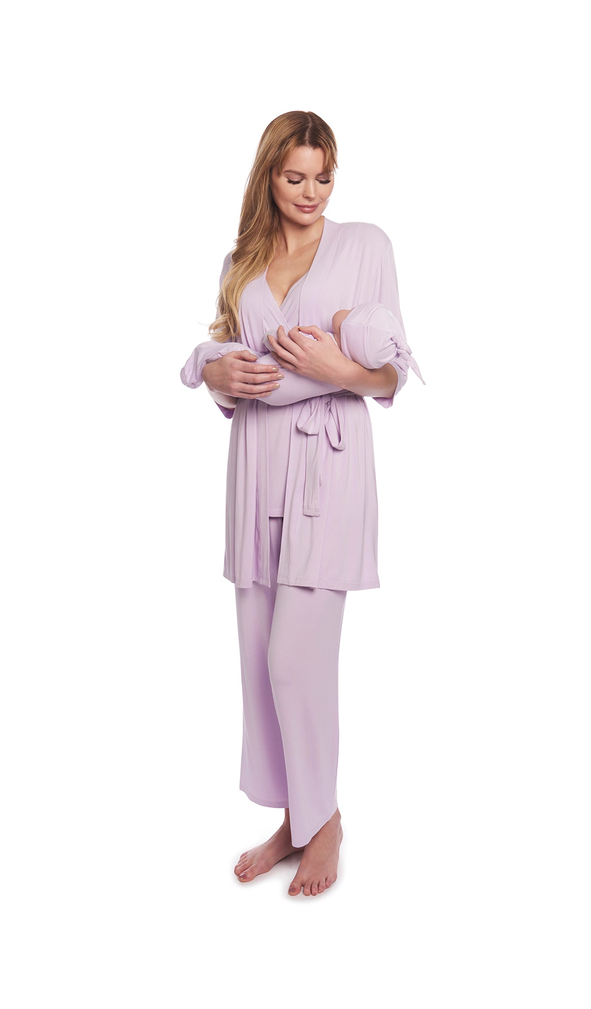 Lavender Analise 5-Piece Set. Woman wearing 3/4 sleeve robe, tank top and pant while holding a baby wearing baby gown and knotted baby hat.