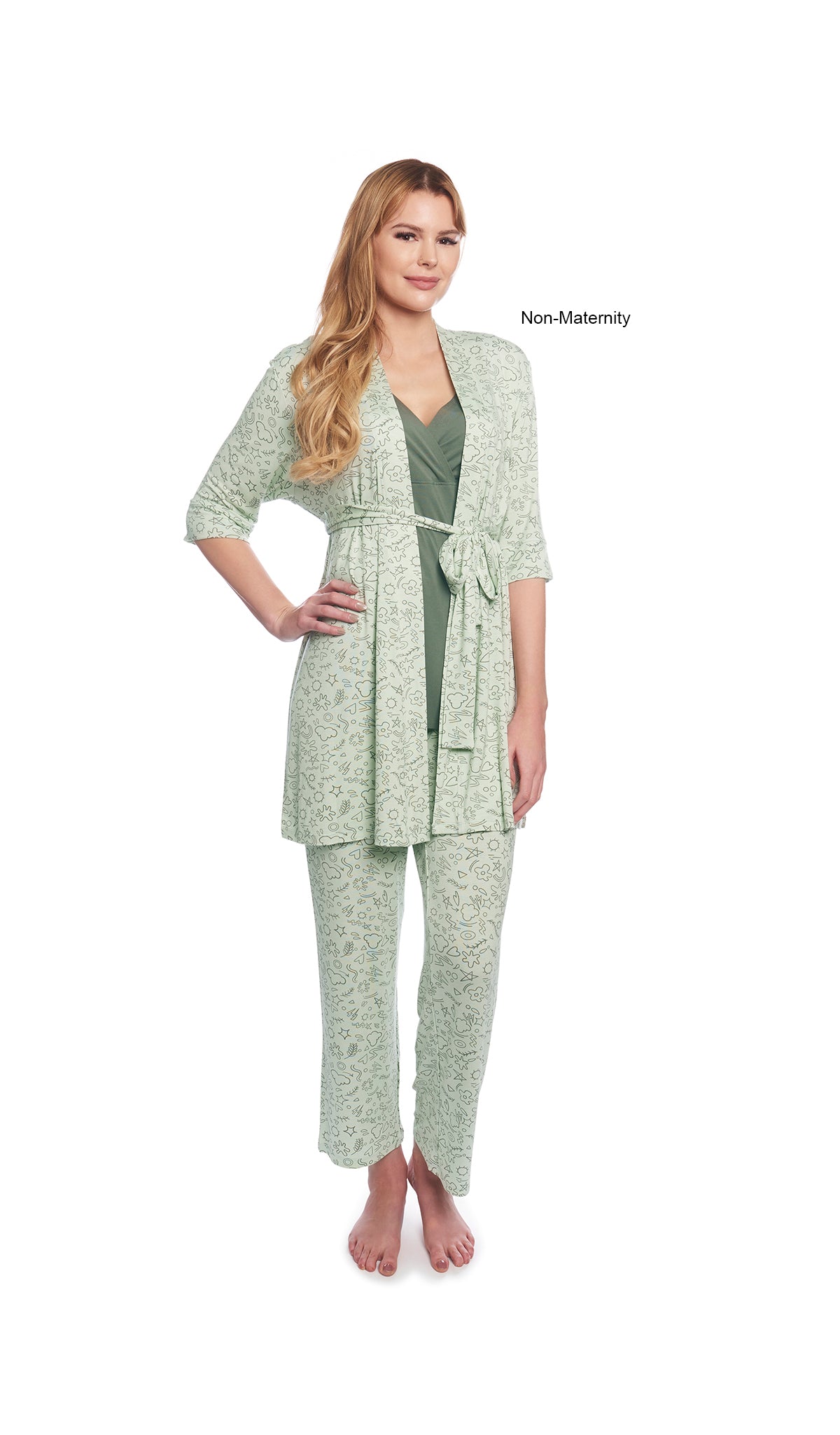 Sage Doodle Analise 3-Piece Set. Woman wearing 3/4 sleeve robe, tank top and pant as non-maternity with one hand on hip.