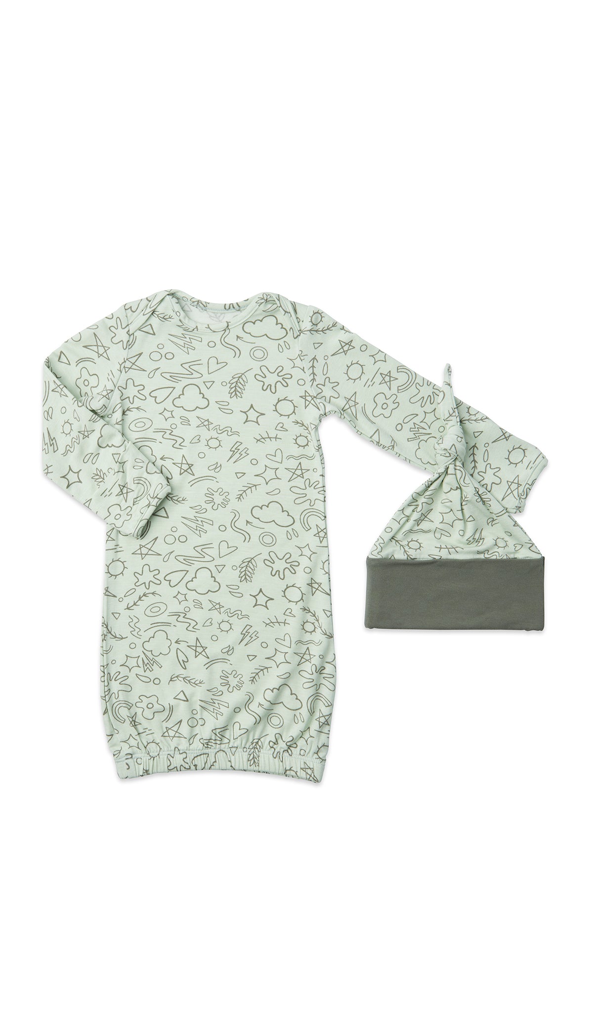 Sage Doodle Analise 5-Piece Set, gown and knotted hat for baby.