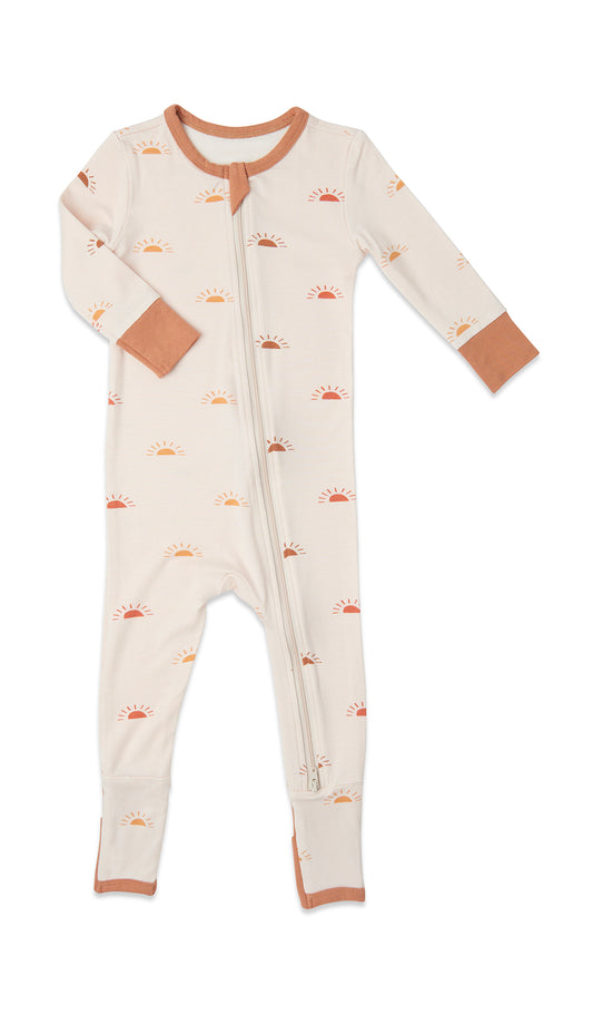 Sunrise Convertible Romper with long sleeves and zip front.