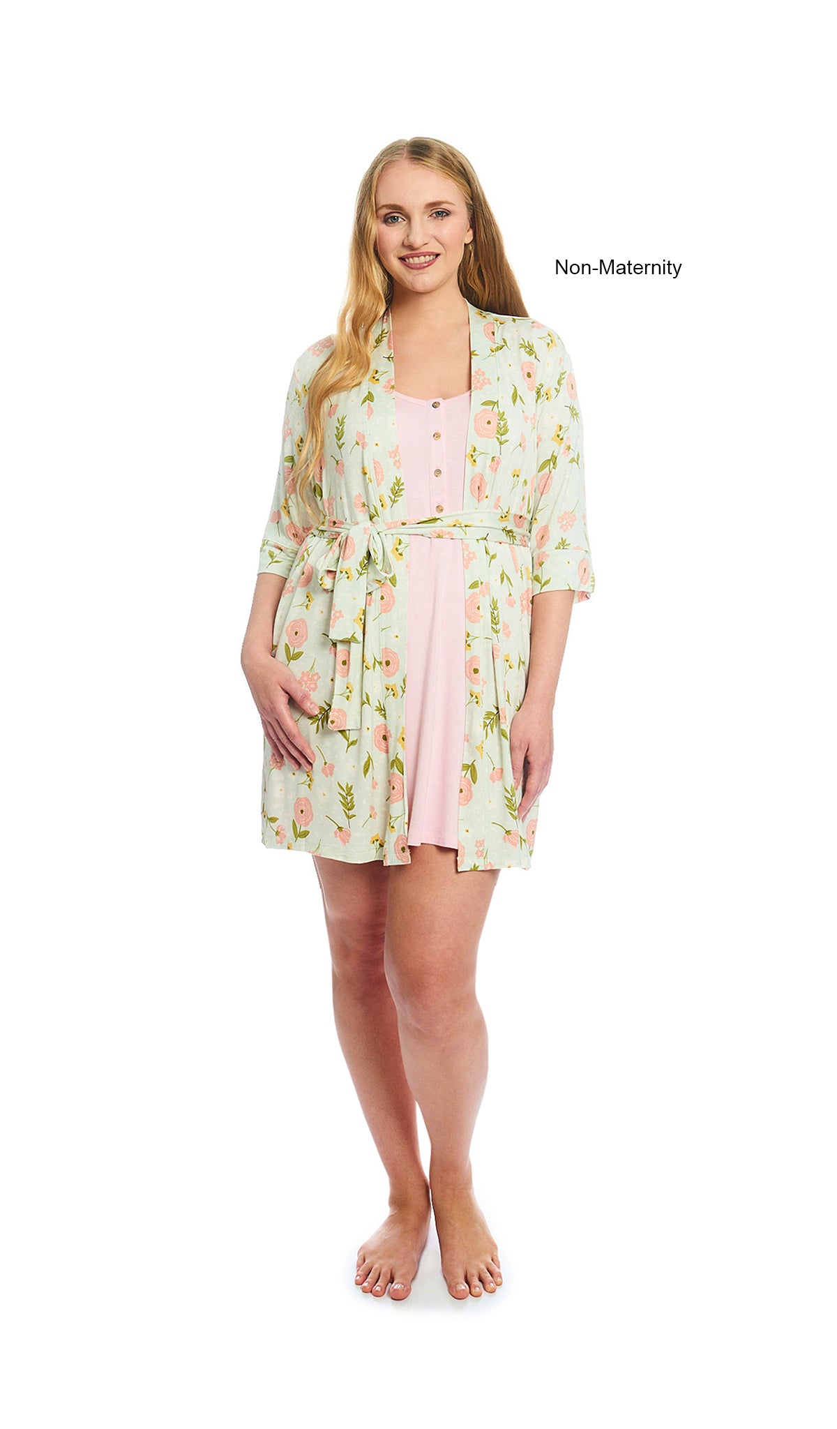 Carnation Carolyn 2-Piece Set. Woman 3/4 sleeve robe and short sleeve button front placket nightgown as non-maternity.