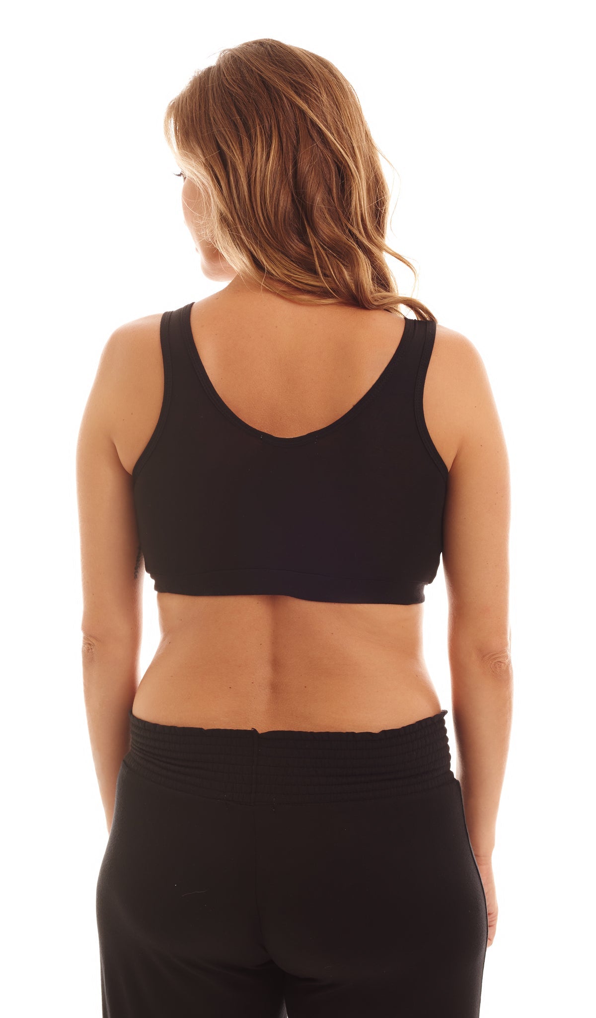 Begonia Paisley 3-Pack. Detail back shot of woman wearing solid Black nursing bra.