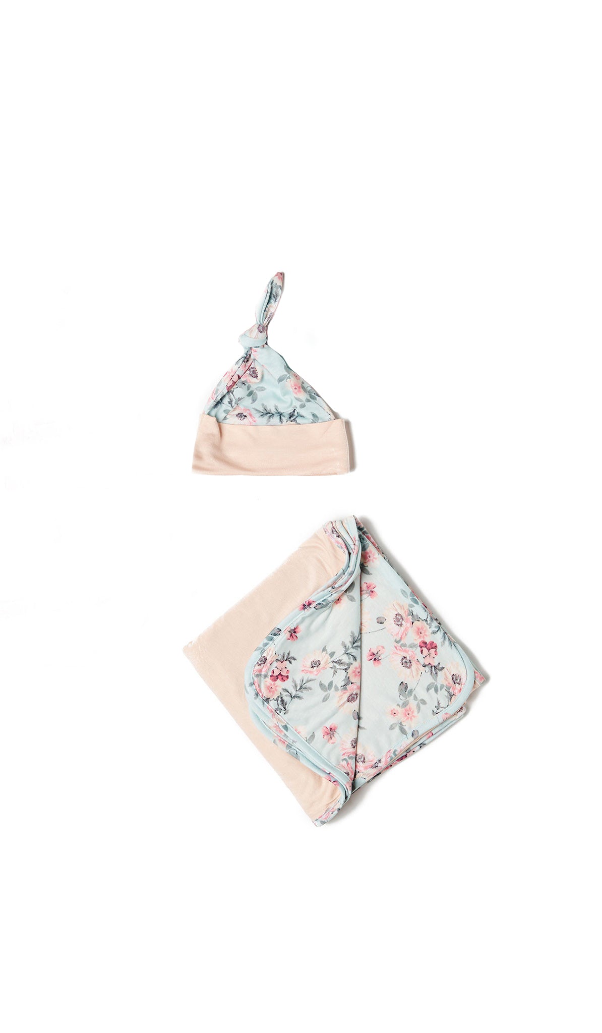 Floral printed baby hat and matching swaddle blanket in Cloud Blue Floral