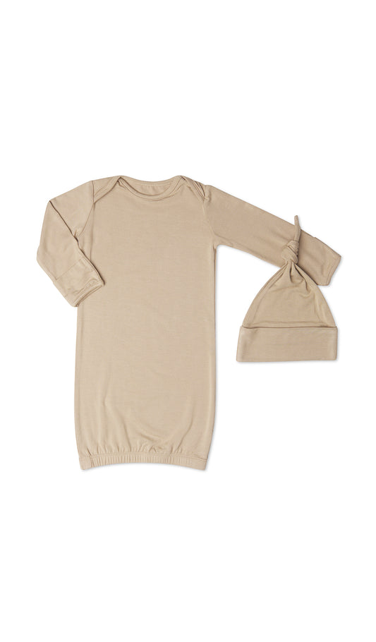 Latte Gown 2-Piece with long sleeve baby gown and matching knotted hat.