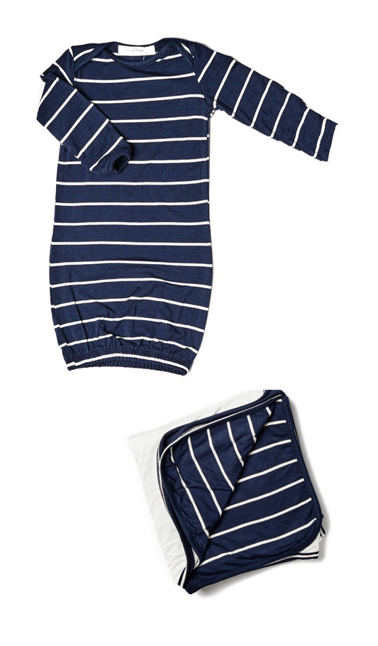 Baby's Welcome Home 2 Piece Set - Navy. Set includes a baby gown and matching baby blanket in a navy/cream stripe.
