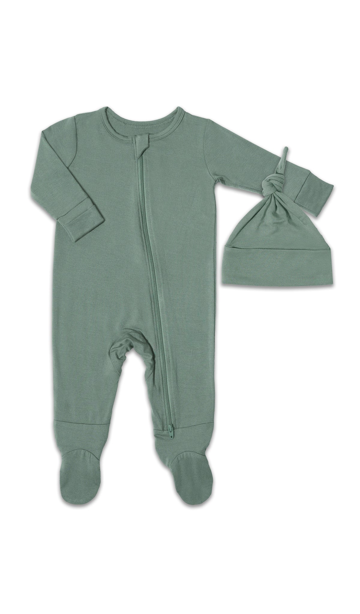 Basil Footie 2-Piece with long sleeves, zip front and matching knotted baby hat.