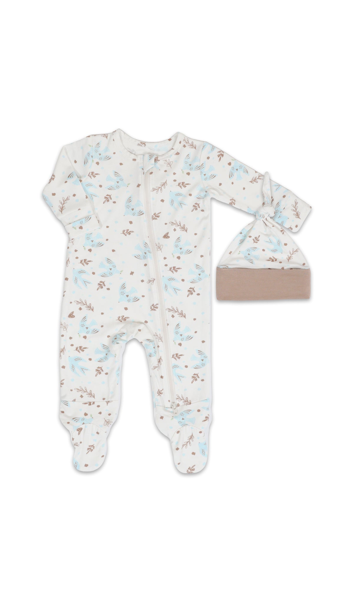 Nest Footie 2-Piece with long sleeves, zip front and matching knotted baby hat.