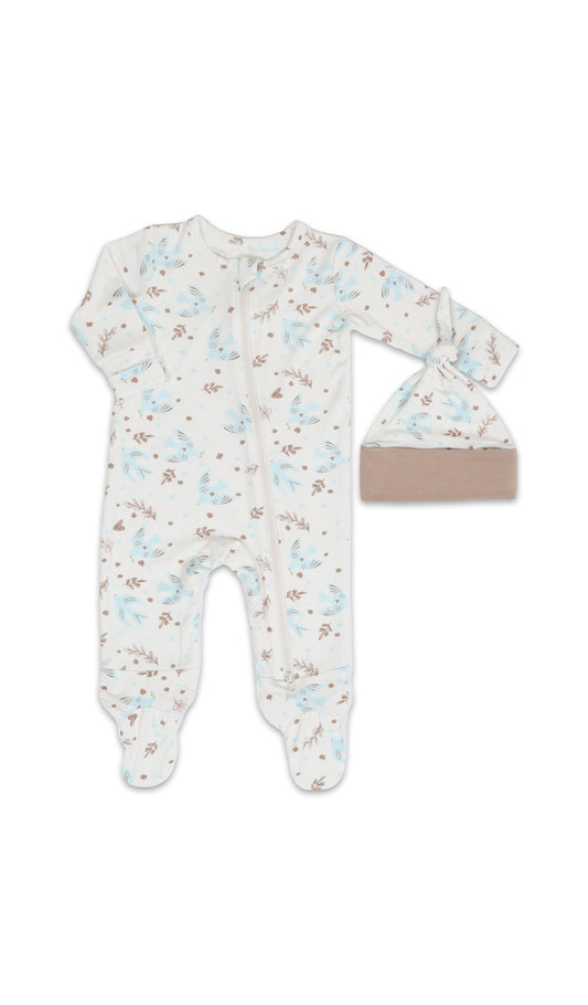Nest Footie 2-Piece with long sleeves, zip front and matching knotted baby hat.