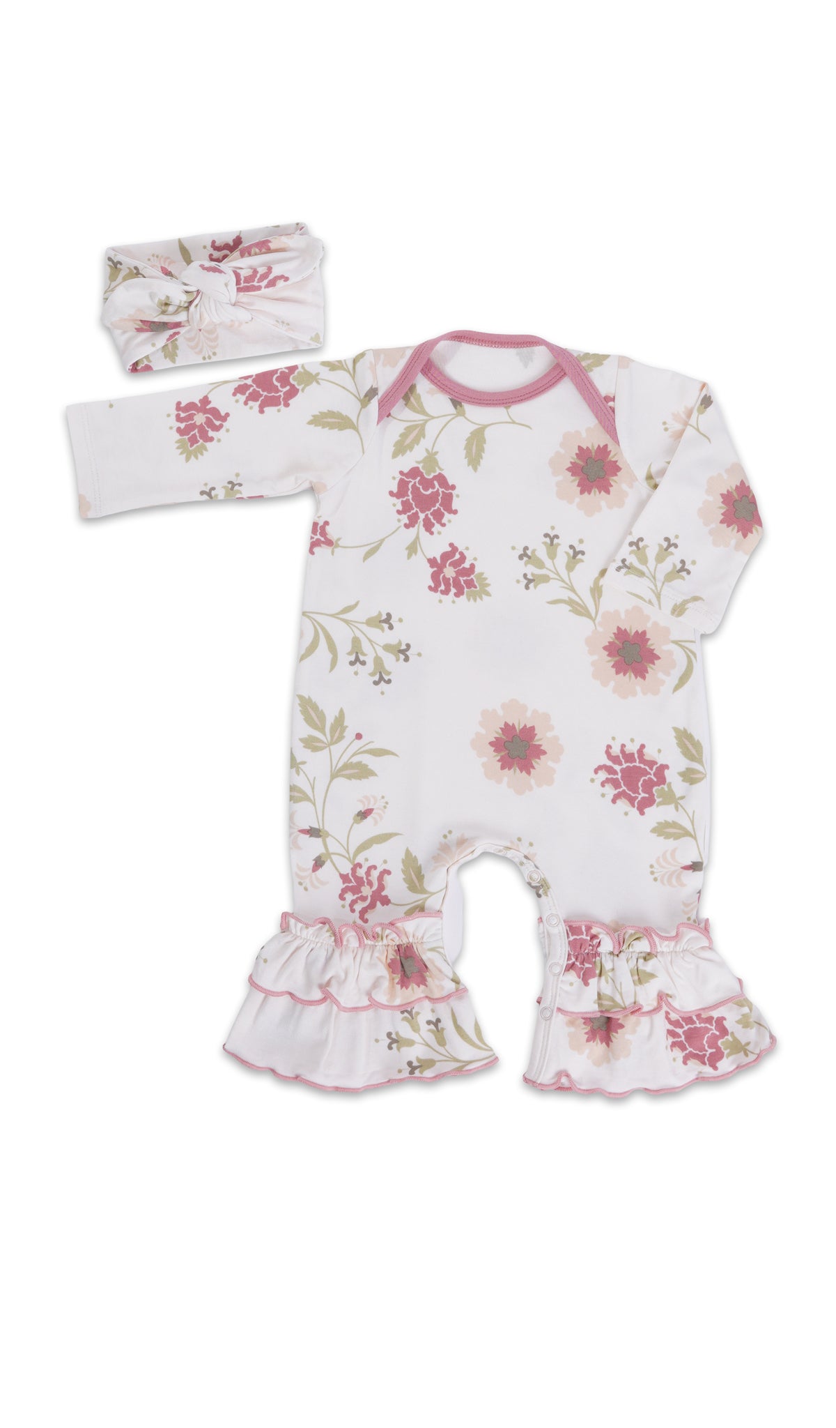 Cottage Floral Ruffle Romper 2-Piece. Flat shot of long sleeve romper with ruffles on legs and matching headwrap.