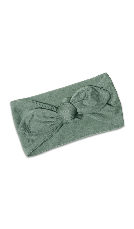 Basil Baby/Kids Headwrap. Flat shot with headwrap tied into a tie-knot bow.