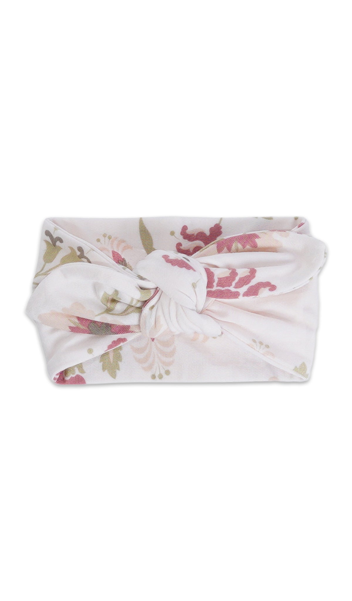 Cottage Floral Ruffle Romper 2-Piece. Headwrap flat shot with headwrap tied into a tie-knot bow.