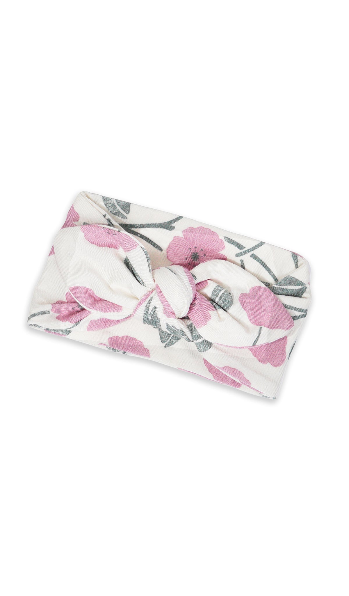 Honey Bloom Footie 2-Piece Set. Headwrap flat shot with headwrap tied into a tie-knot bow.