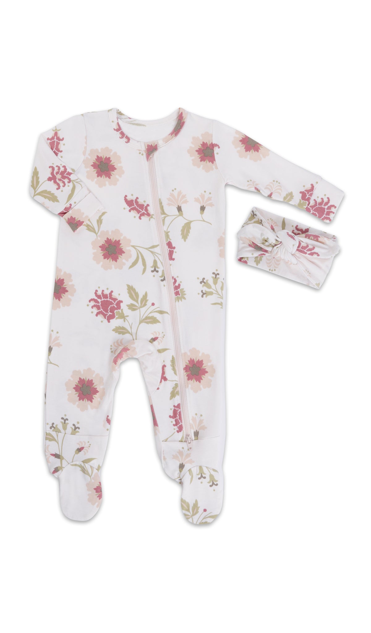 Cottage Floral Footie 2-Piece Set. Flat shot of zip front footie for baby with matching headwrap tied into a tie-knot bow.