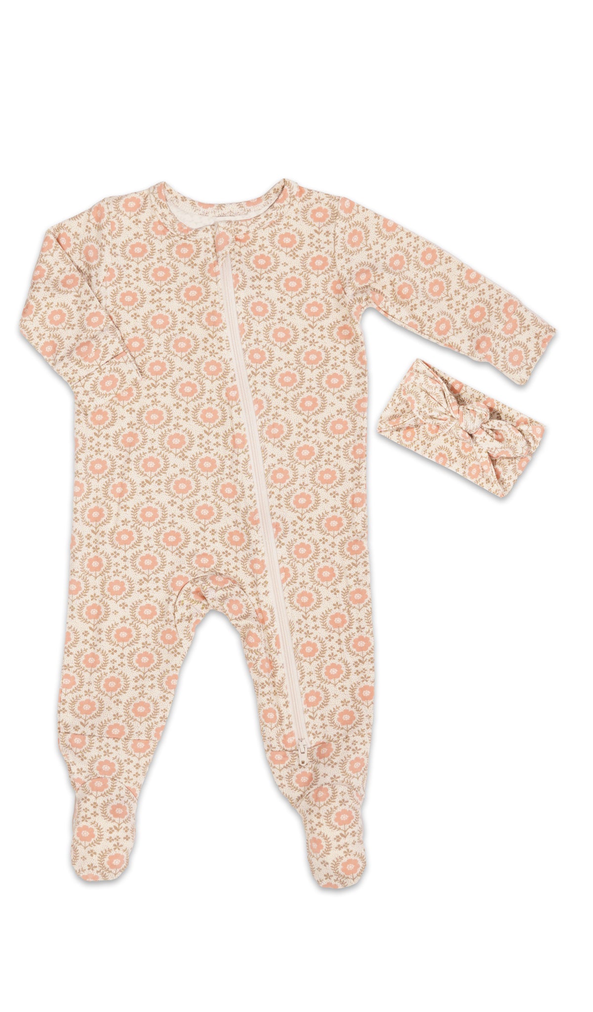 Bohemian Footie 2-Piece Set. Flat shot of zip front footie for baby with matching headwrap tied into a tie-knot bow.