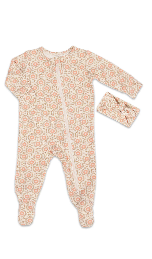 Bohemian Footie 2-Piece Set. Flat shot of zip front footie for baby with matching headwrap tied into a tie-knot bow.