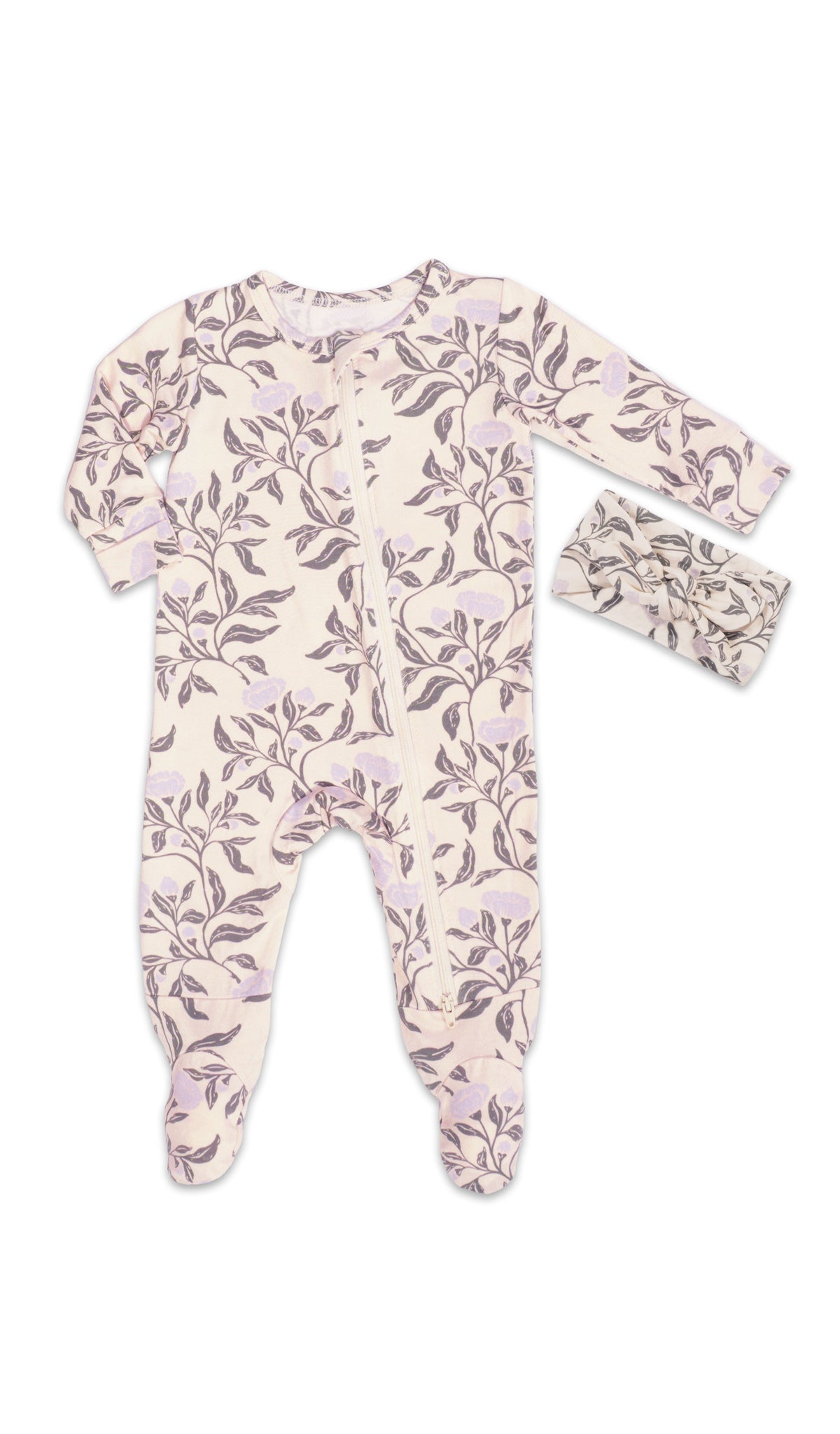 Poppy Footie 2-Piece Set. Flat shot of zip front footie for baby with matching headwrap tied into a tie-knot bow.