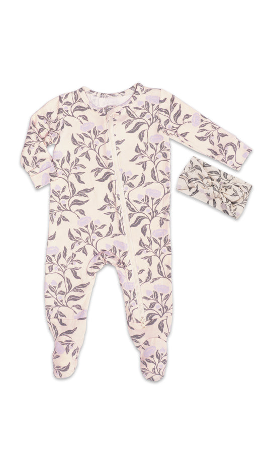 Poppy Footie 2-Piece Set. Flat shot of zip front footie for baby with matching headwrap tied into a tie-knot bow.