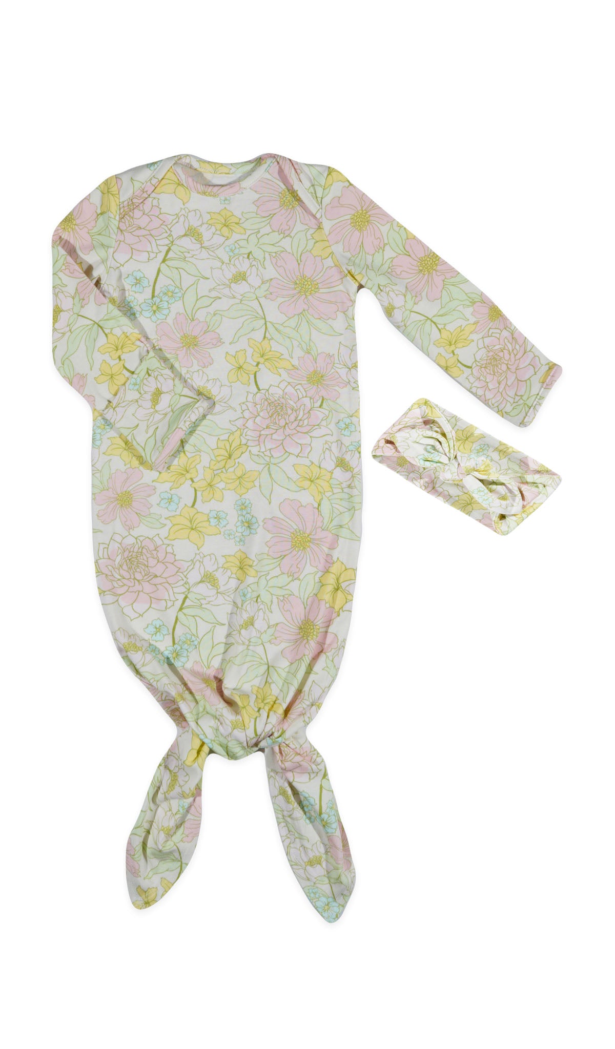Begonia Knotted Gown 2-Piece flat shot showing long sleeve baby gown with hem tied into a tie-knot bow and matching headwrap.