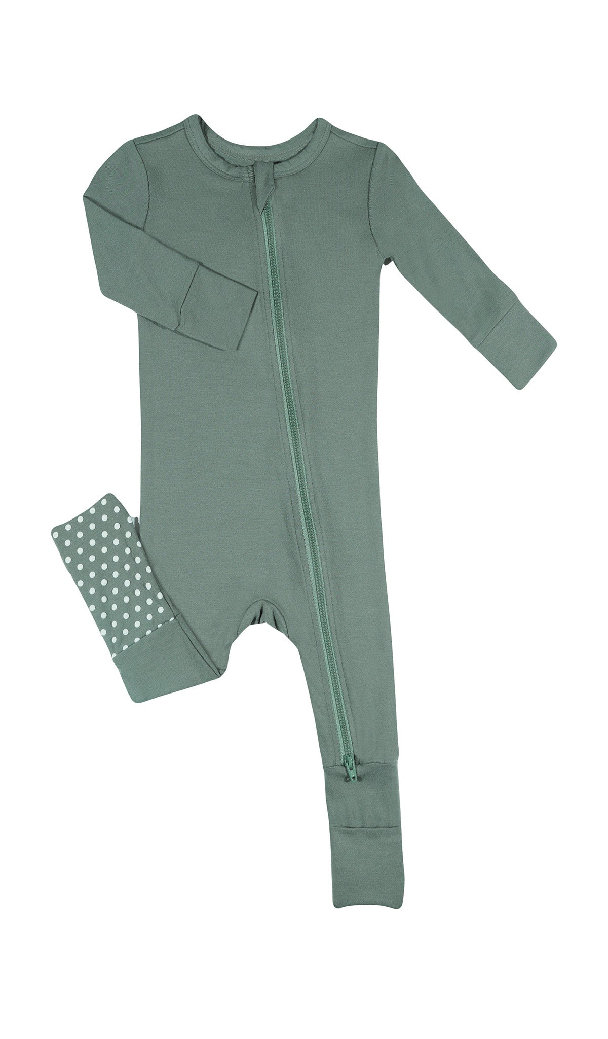Basil Convertible Romper with long sleeves and zip front, one leg folded back to show the grippy sole on the footie.