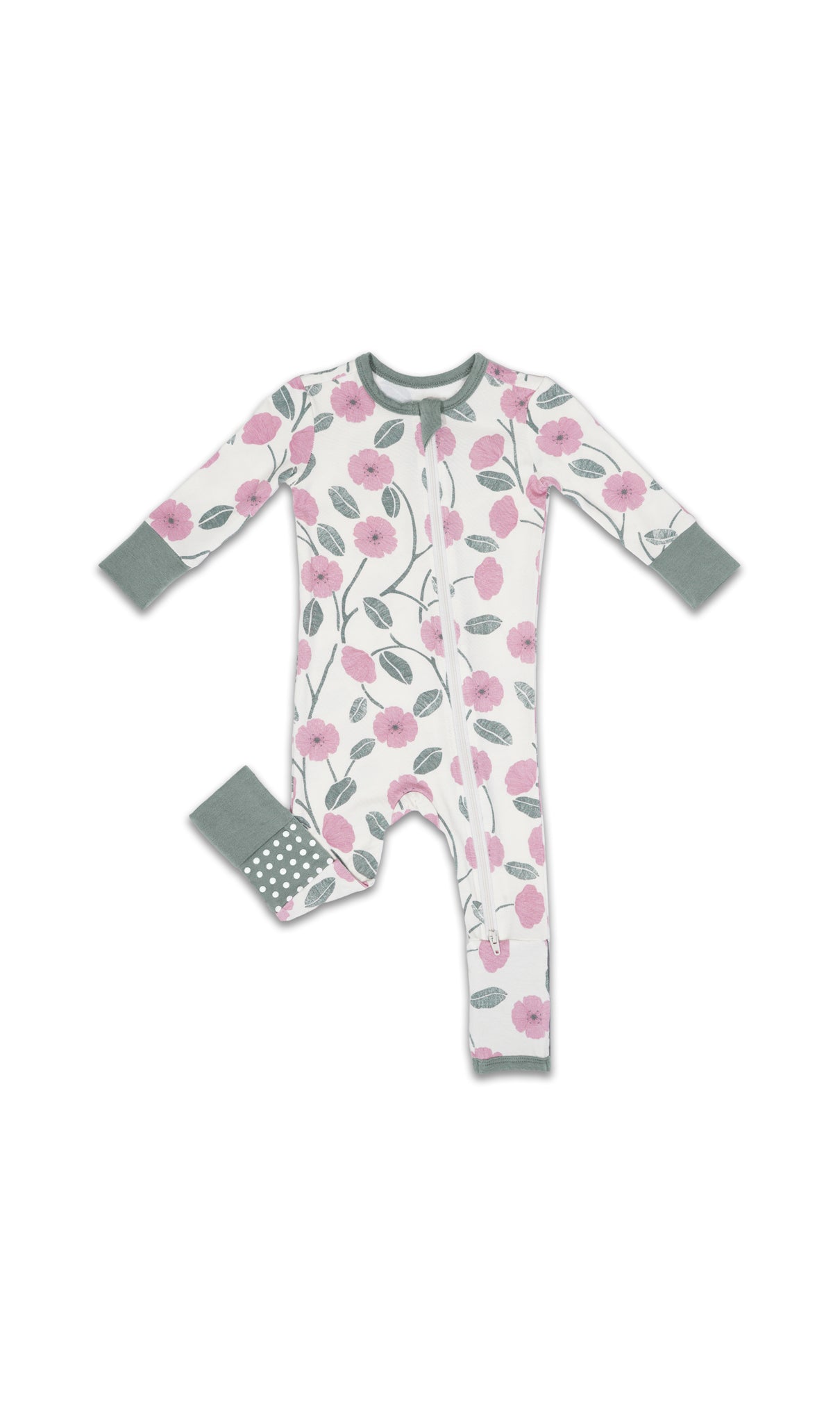 Honey Bloom Convertible Romper with long sleeves and zip front, one leg folded back to show the grippy sole on the footie.