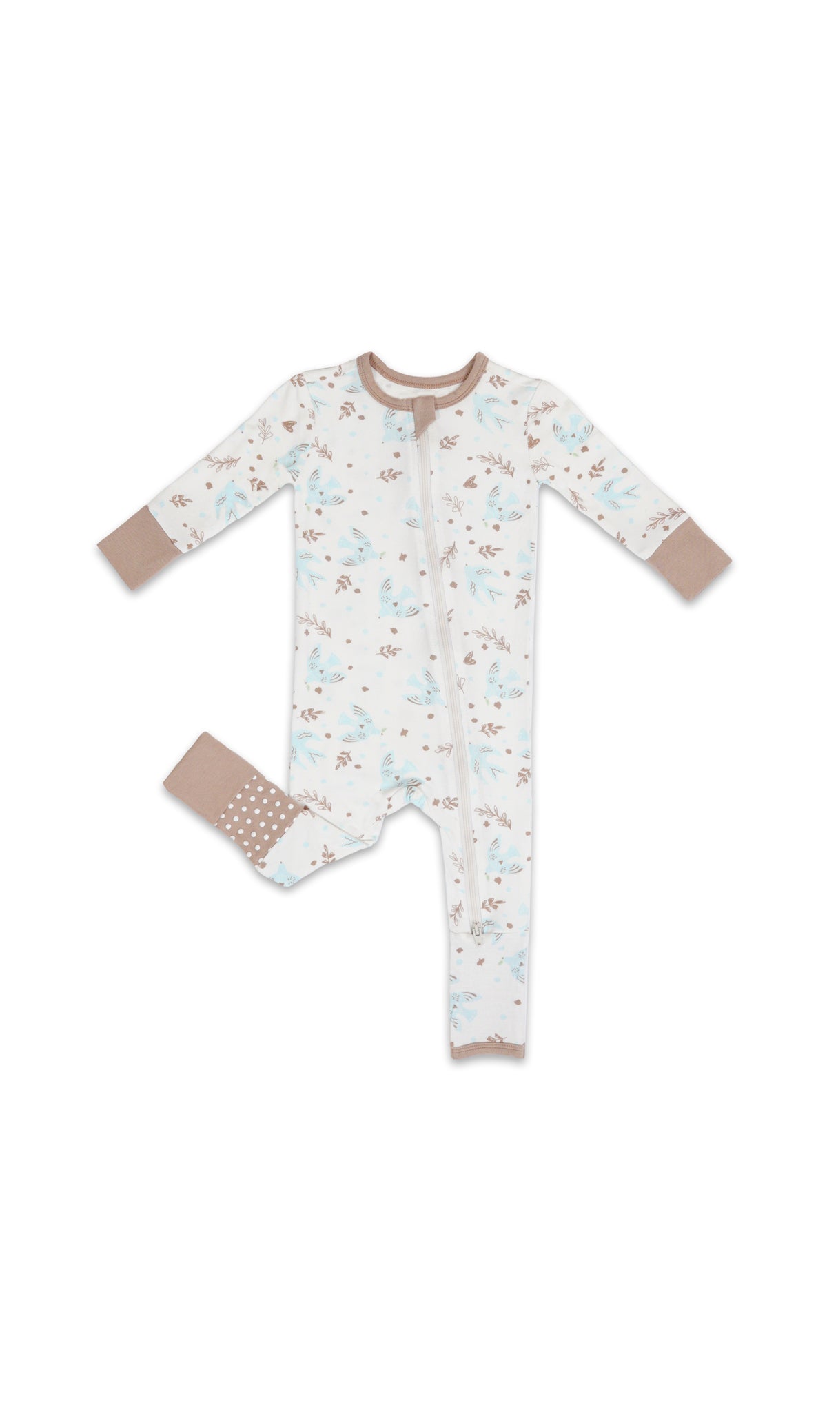 Nest Convertible Romper with long sleeves and zip front, one leg folded back to show the grippy sole on the footie.