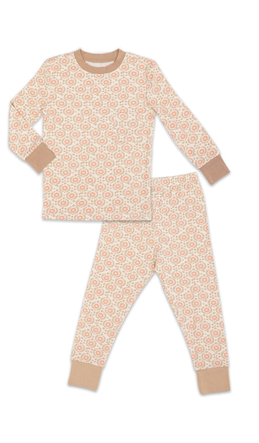 Bohemian Emerson Kids 2-Piece Pant PJ. Long sleeve top with cuff trim and long pant with cuff trim.