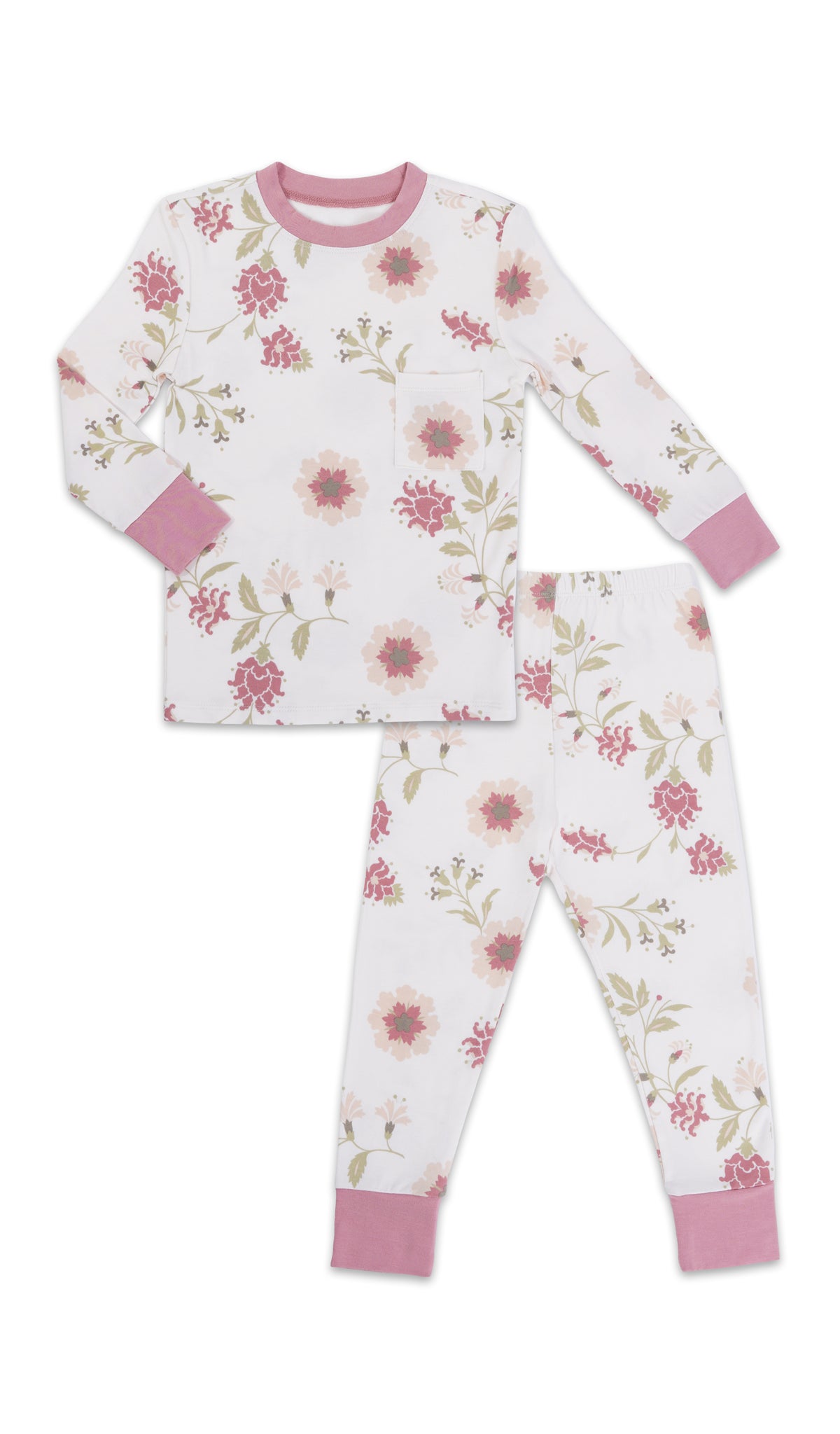 Cottage Floral Emerson Kids 2-Piece Pant PJ. Long sleeve top with cuff trim and long pant with cuff trim.