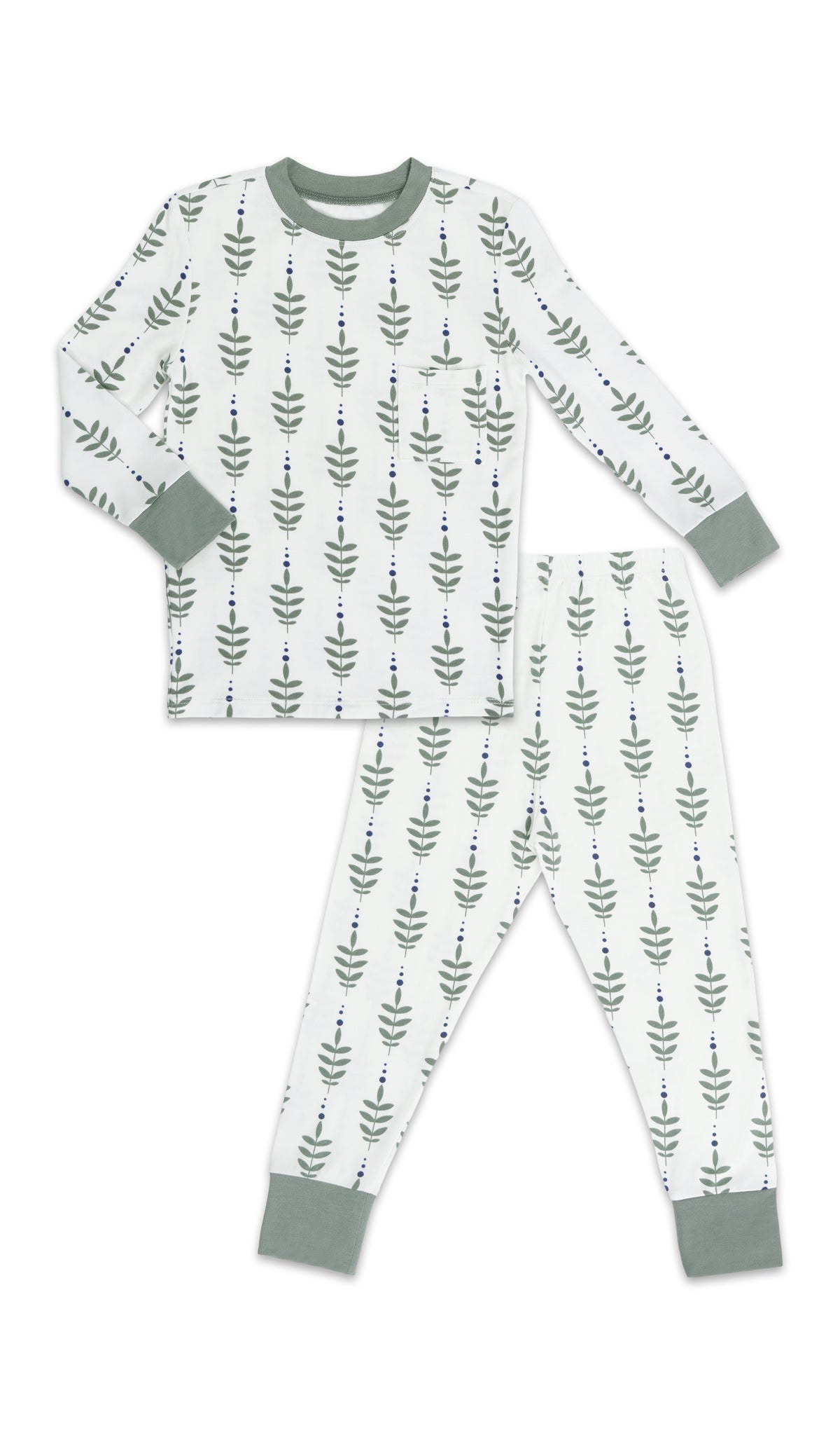 Eucalyptus Emerson Kids 2-Piece Pant PJ. Long sleeve top with cuff trim and long pant with cuff trim.
