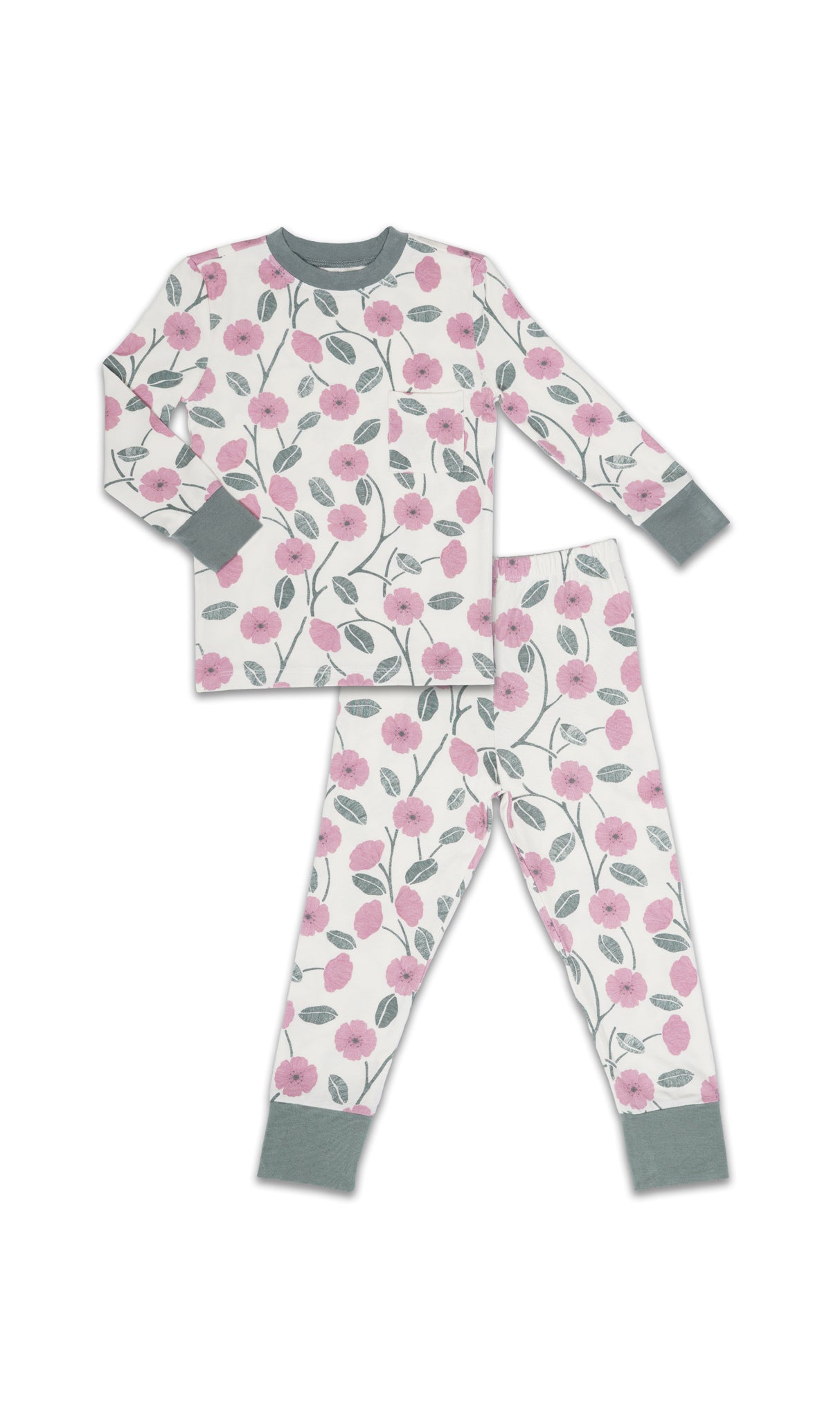 Honey Bloom Emerson Kids 2-Piece Pant PJ. Long sleeve top with cuff trim and long pant with cuff trim.