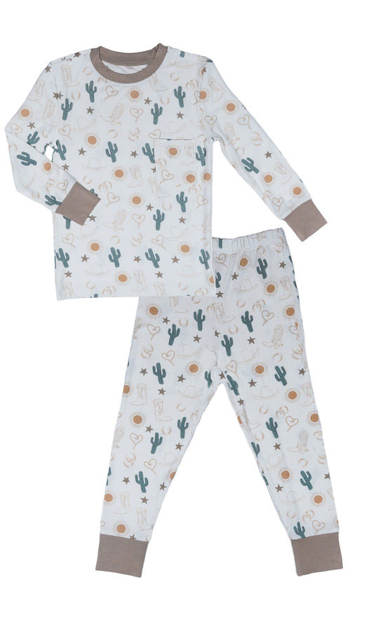 Rodeo Emerson Kids 2-Piece Pant PJ. Long sleeve top with cuff trim and long pant with cuff trim.