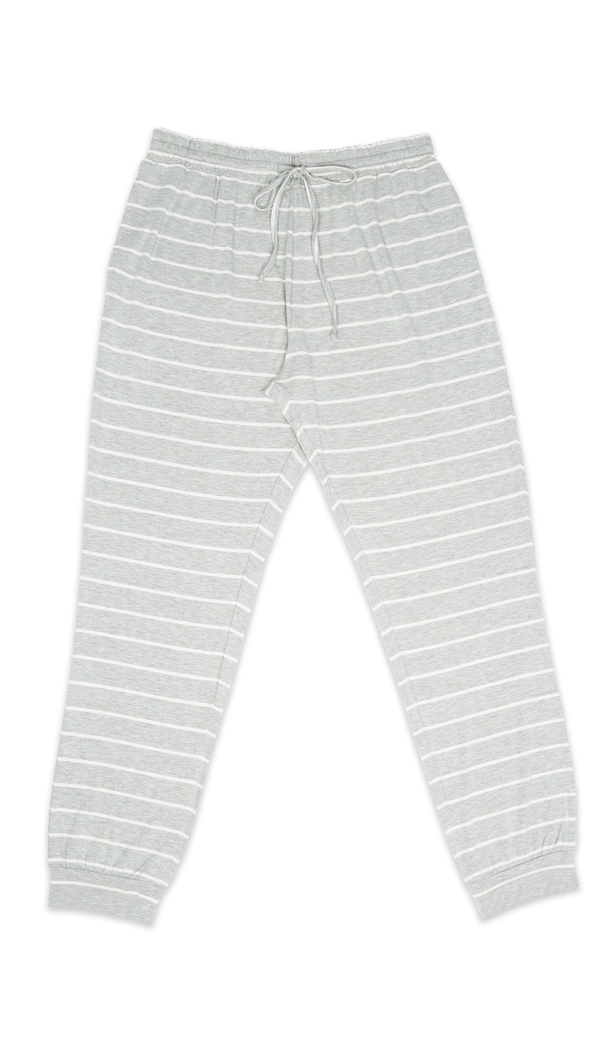 Heather Grey Stripe Oliver Mens pants with elastic drawstring waist and cuff hem.