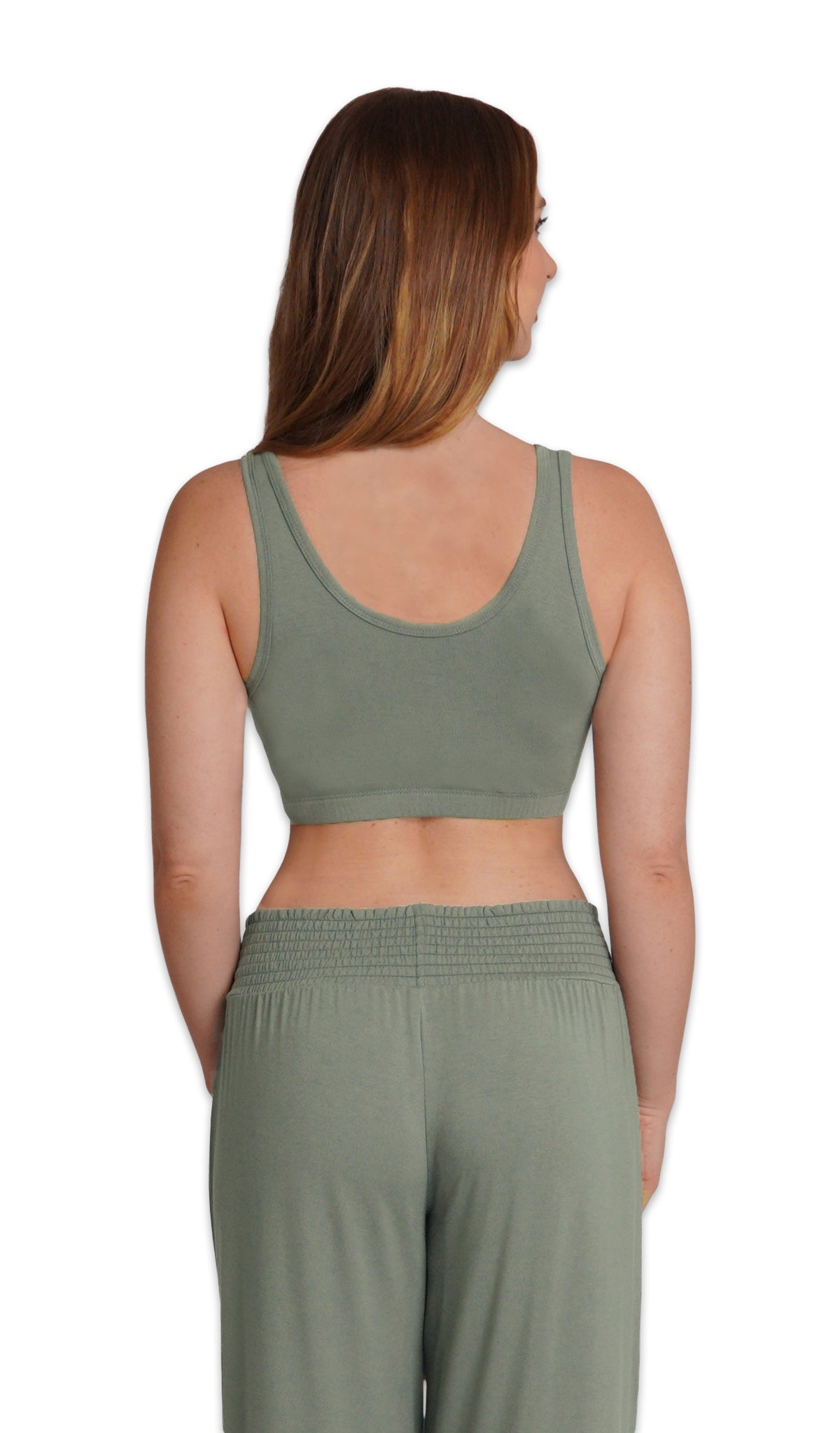 Honey Bloom Paisley 3-Pack. Detail back shot of woman wearing Basil solid bra and matching pant.