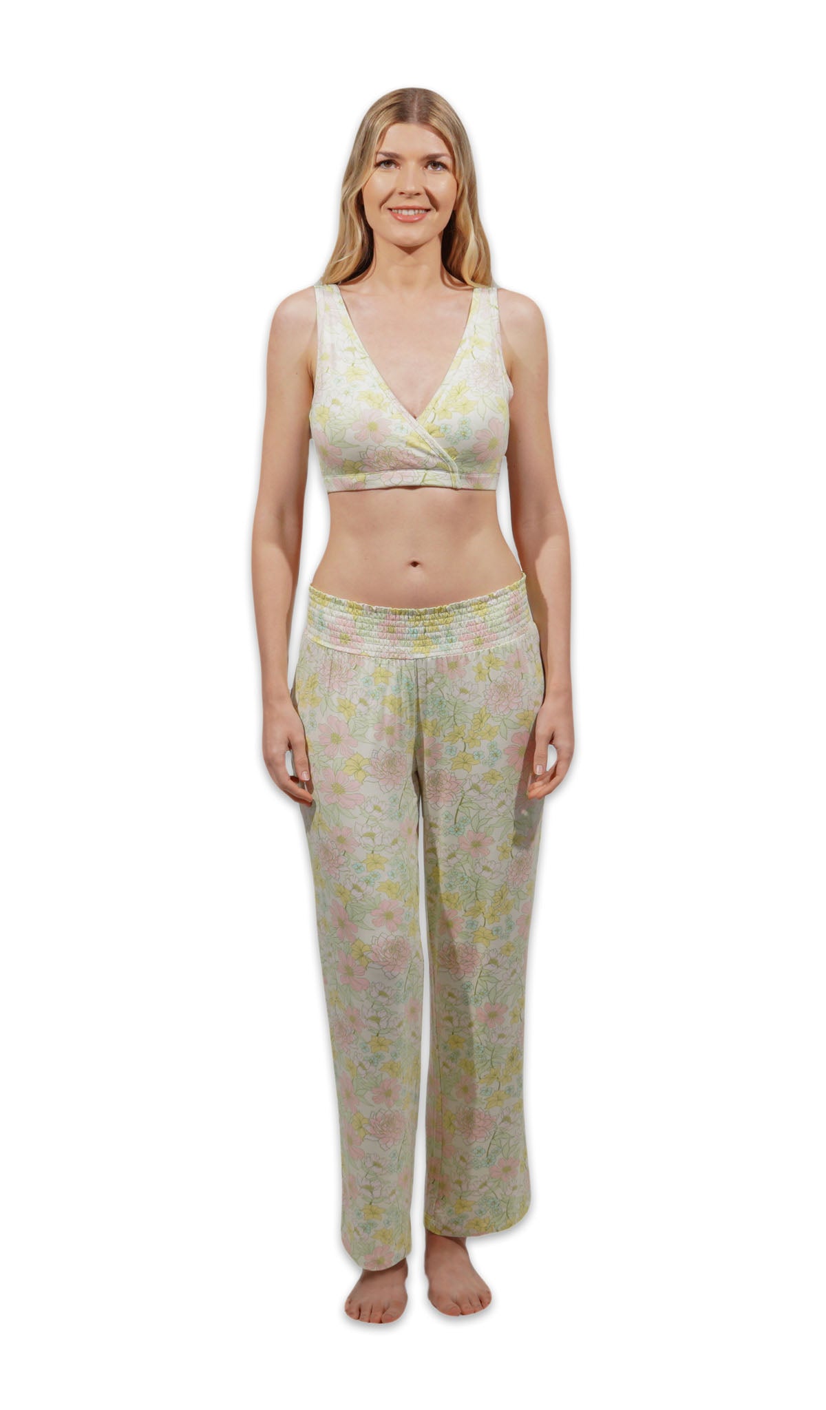 Begonia Paisley 3-Pack. Detail shot of woman wearing Begonia print bra and matching pant.