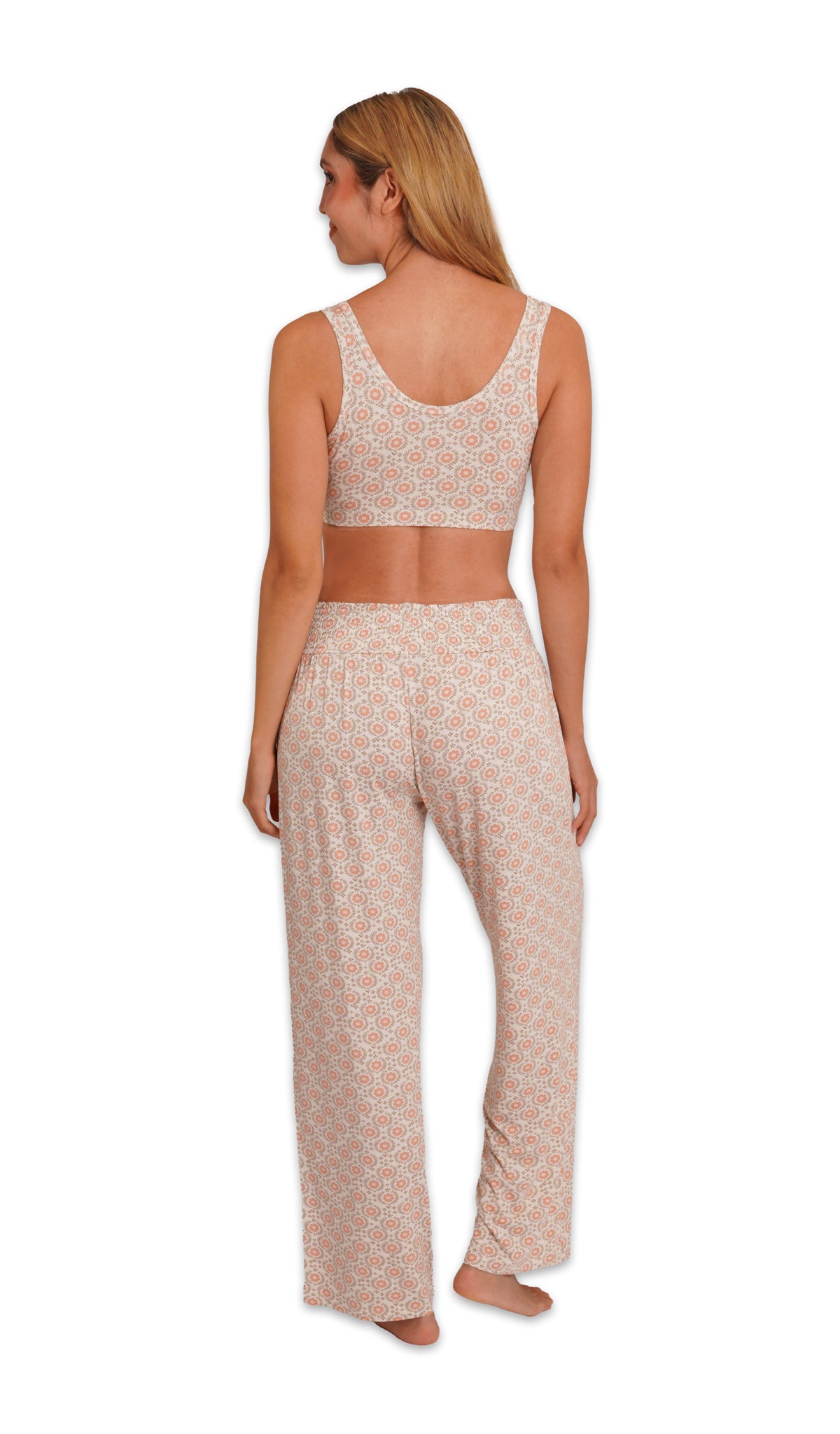 Bohemian Paisley 3-Pack. Detail back shot of woman wearing Bohemian print bra and matching pant.