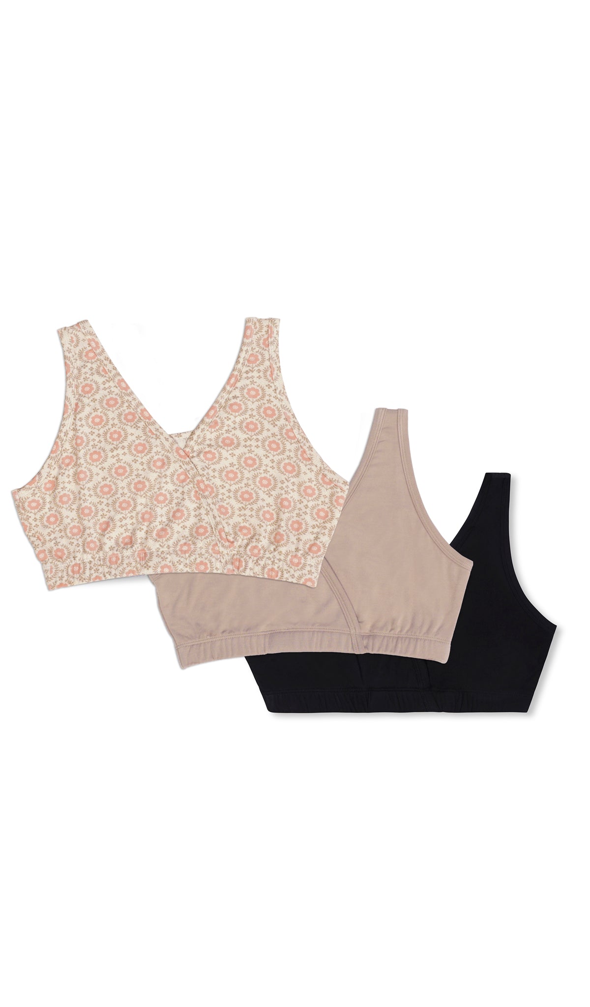 Bohemian Paisley 3-Pack flat shot of Bohemian bra, Latte bra, and Black bra.