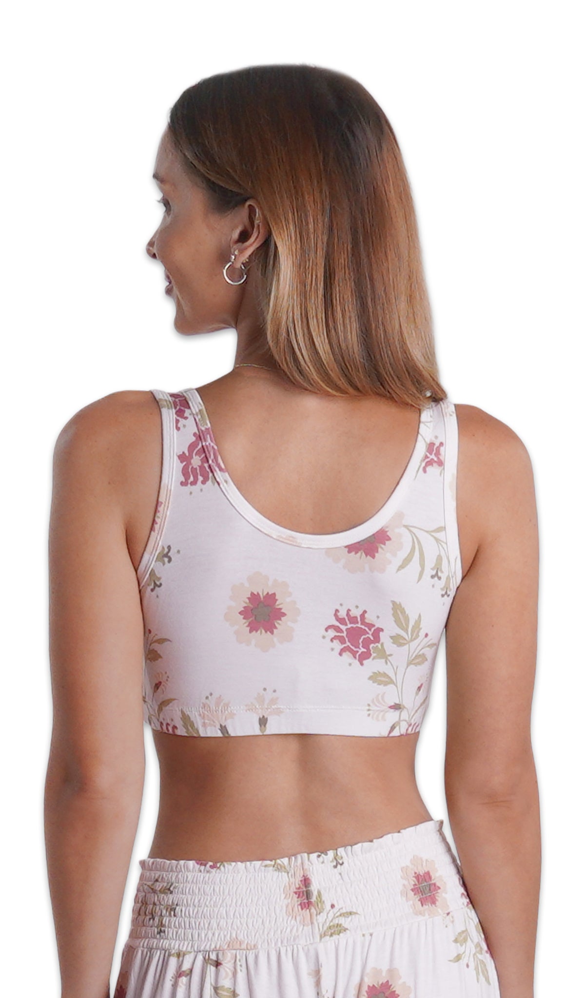 Cottage Floral Paisley 3-Pack. Detail back shot of woman wearing Cottage Floral print bra and matching pant.
