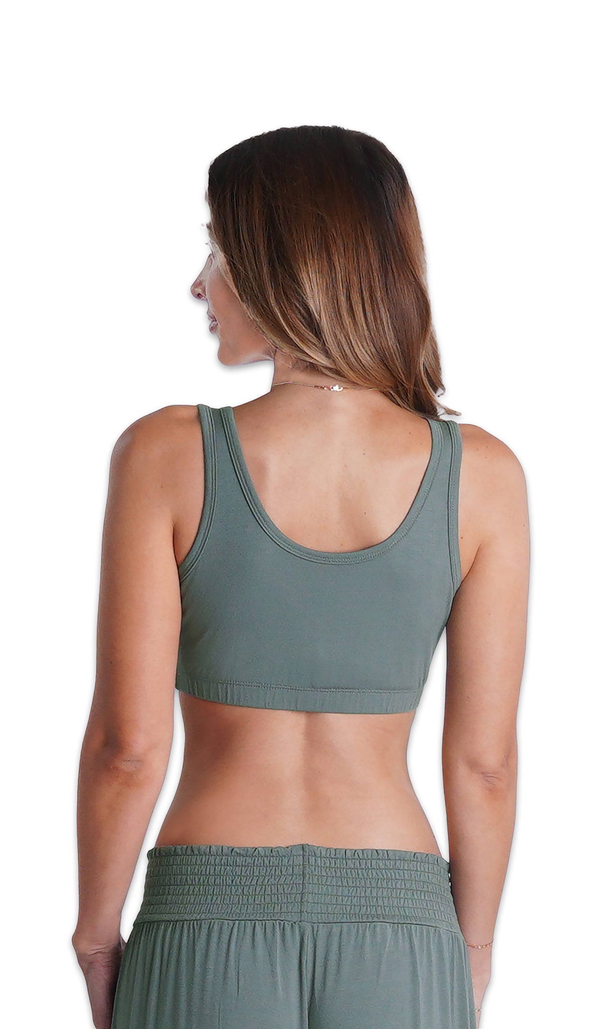 Poppy Paisley 3-Pack. Detail back shot of woman wearing solid Fog nursing bra with matching pant.