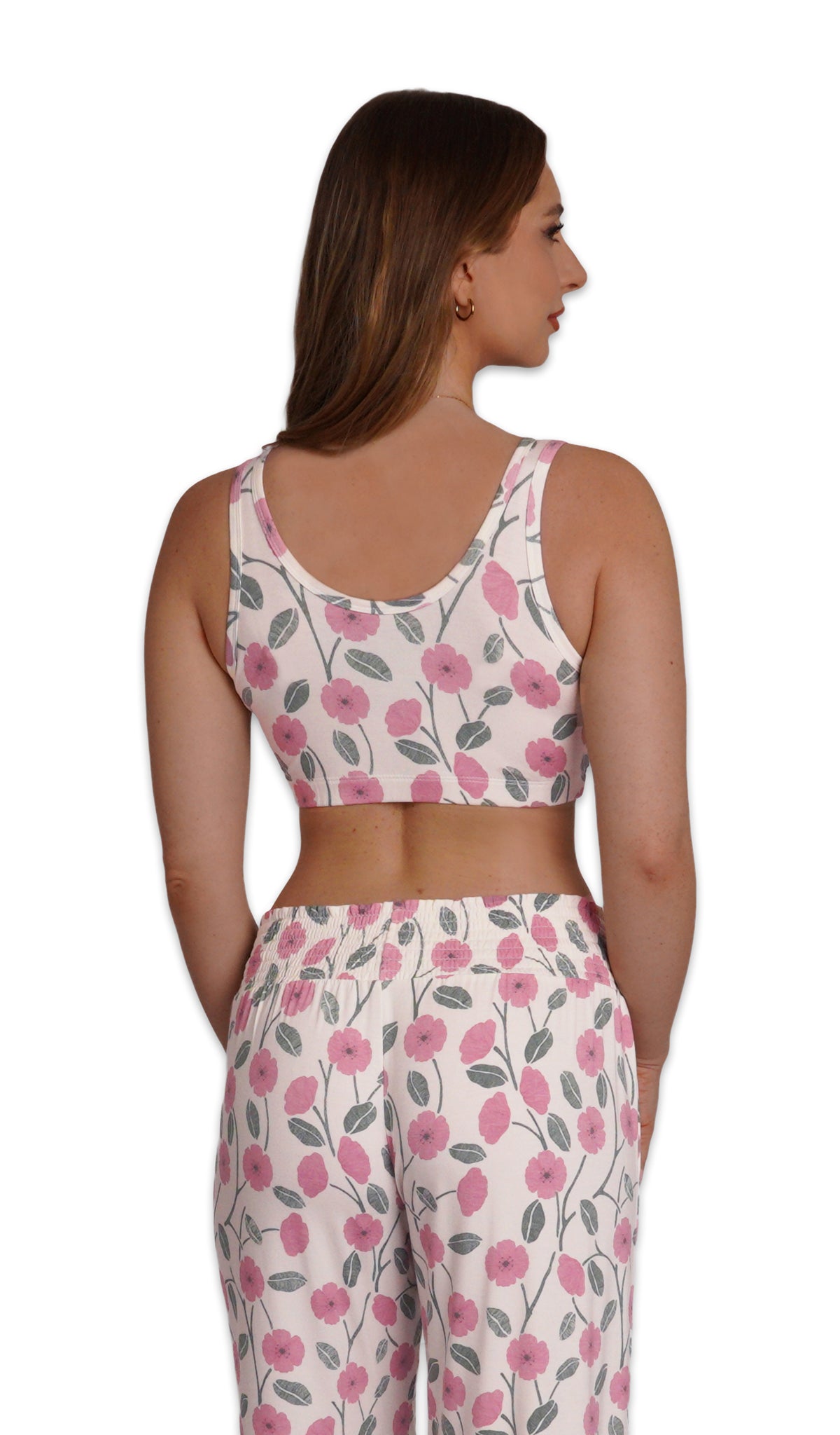 Honey Bloom Paisley 3-Pack. Detail back shot of woman wearing Honey Bloom print bra and matching pant.