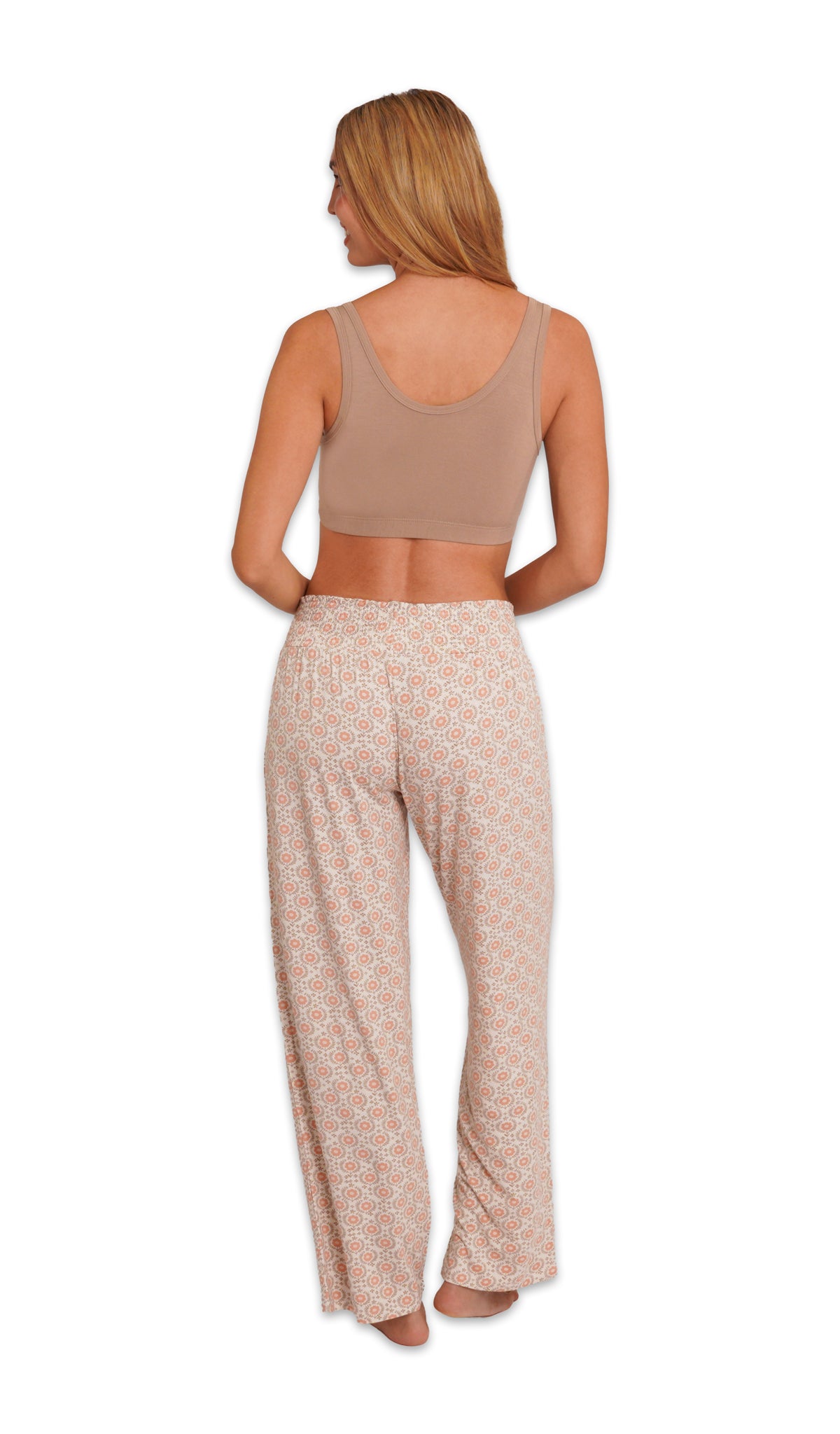 Honey Bloom Paisley 3-Pack. Detail back shot of woman wearing Latte solid bra and pant.