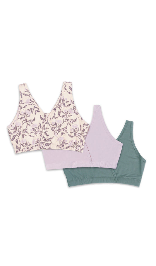 Poppy Paisley 3-Pack flat shot of Poppy floral print bra, Lavender solid bra, and Fog solid bra in a diagonal stack.
