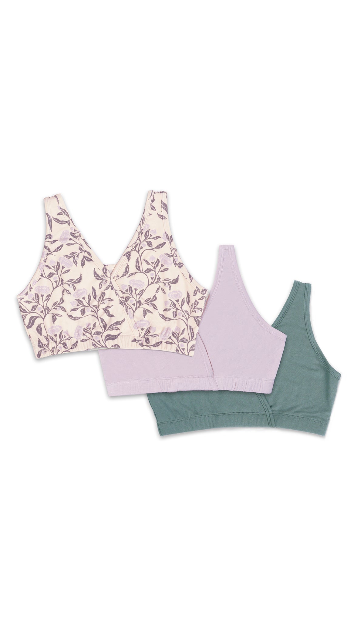 Poppy Paisley 3-Pack flat shot of Poppy floral print bra, Lavender solid bra, and Fog solid bra in a diagonal stack.