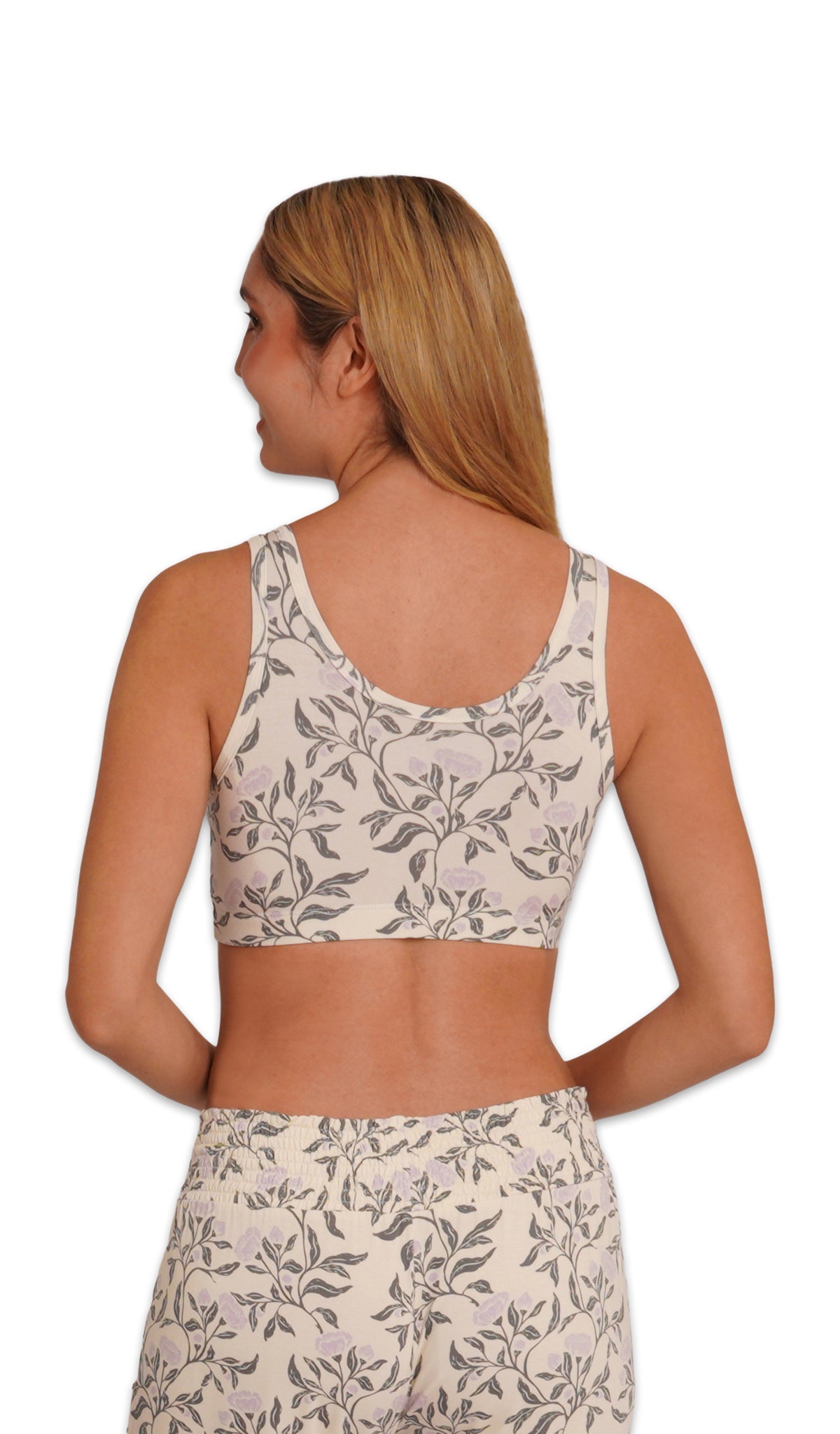 Poppy Paisley 3-Pack. Detail back shot of woman wearing Poppy print bra and matching pant.