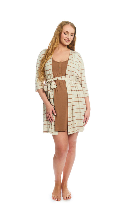 Mocha Stripe Carolyn 2-Piece Set. Woman 3/4 sleeve robe and short sleeve button front placket nightgown.