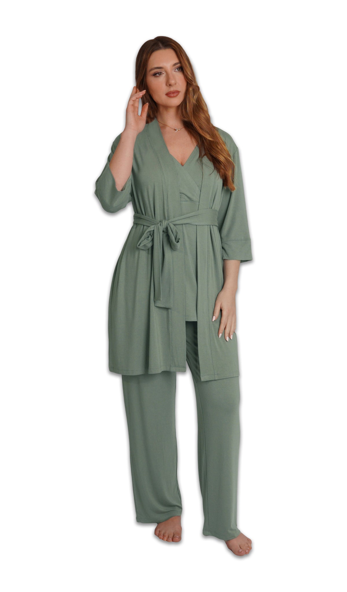 Basil Analise 3-Piece Set. Woman wearing 3/4 sleeve robe, tank top and pant as non-maternity with one hand touching hair.