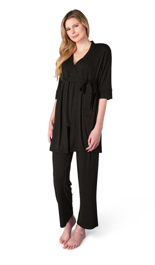 Black Analise 3-Piece Set. Woman wearing 3/4 sleeve robe, tank top and pant.