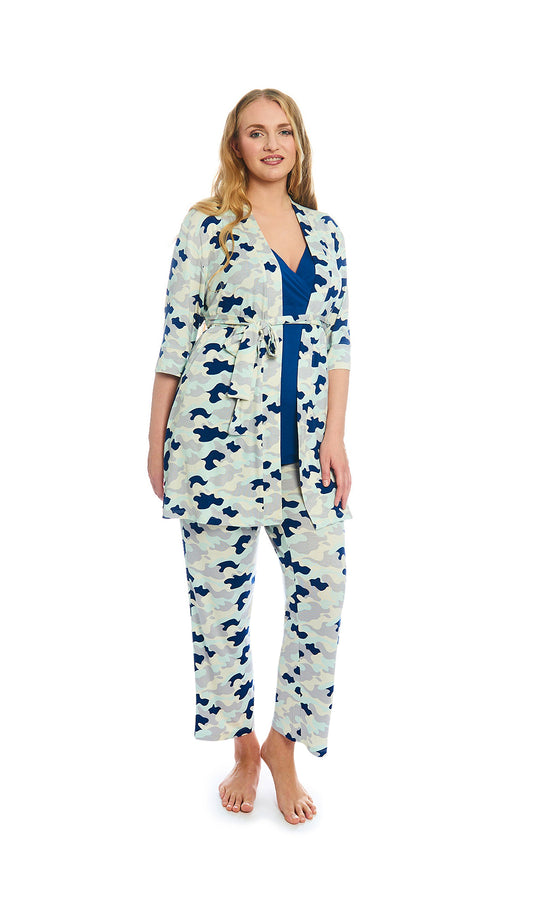 Camo Analise 3-Piece Set. Woman wearing 3/4 sleeve robe, tank top and pant.