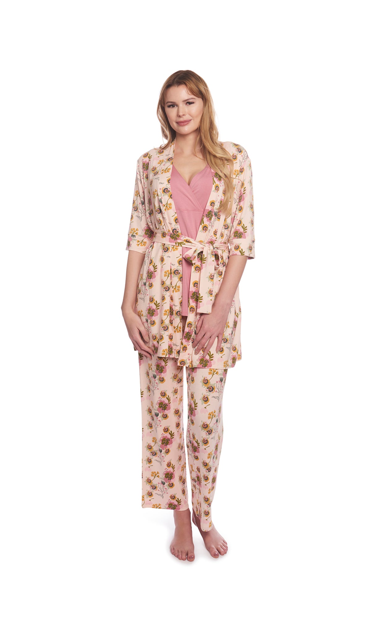 Camellia Analise 3-Piece Set. Woman wearing 3/4 sleeve robe, tank top and pant.