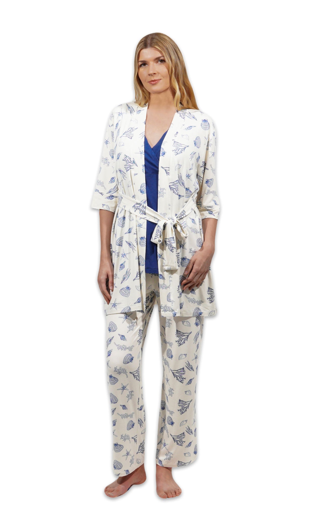 Coastal Analise 3-Piece Set. Woman wearing 3/4 sleeve robe, tank top and pant as non-maternity with one hands down to side.